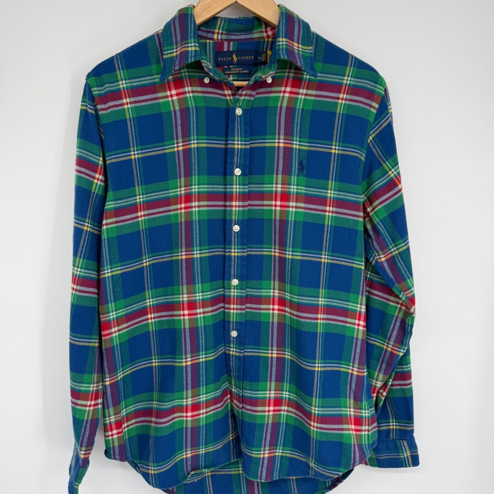 Ralph Lauren Mens Button Down Shirt Custom Fit Performance Flannel Plaid Blue M